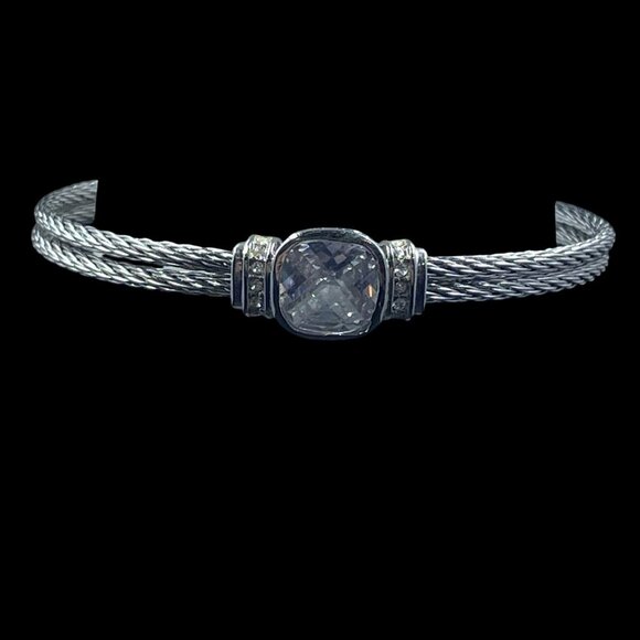 Silver Cable Cuff Bracelet Crystal Center Minimalist Elegant Timeless Preppy - Picture 3 of 6